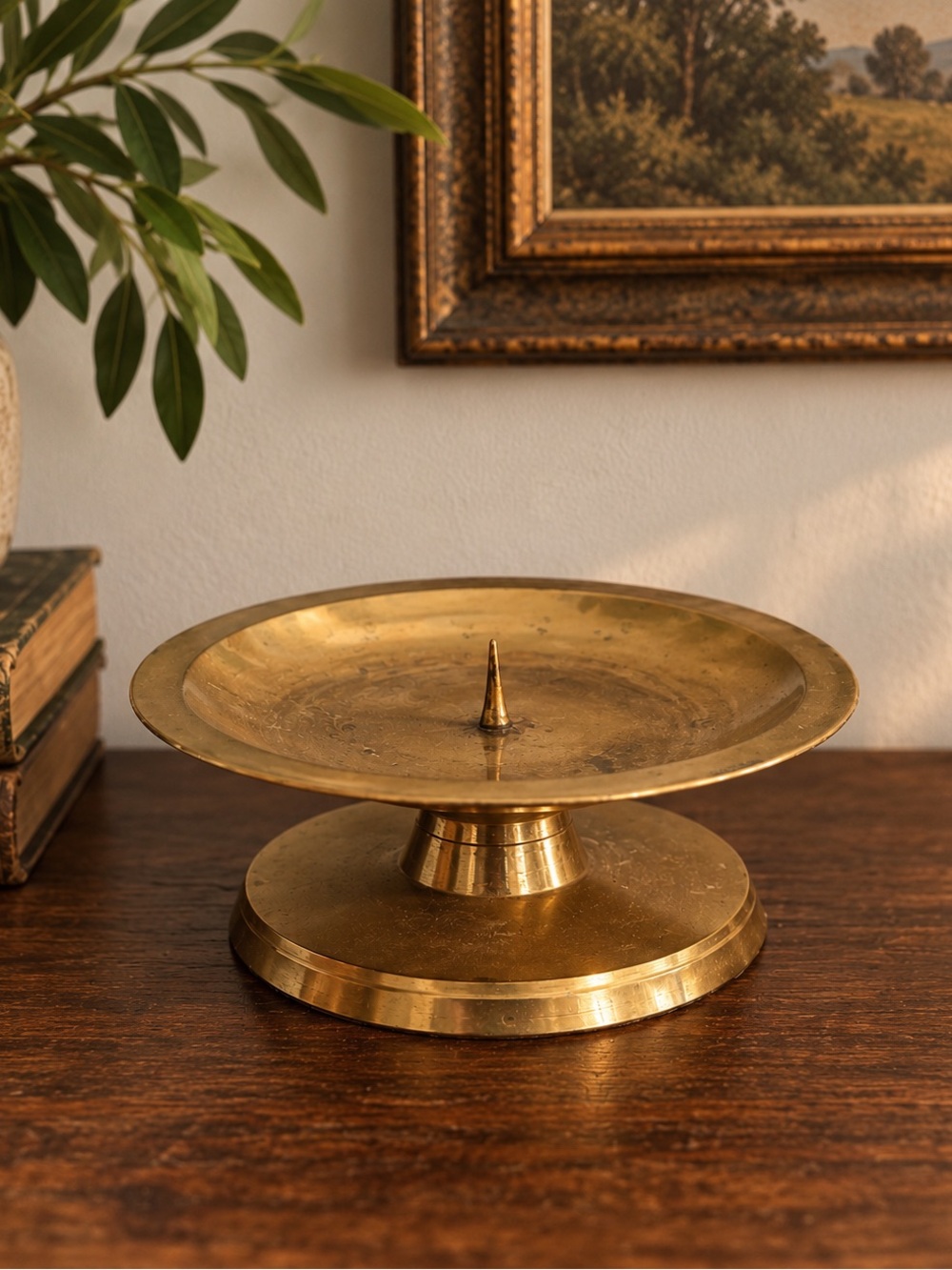 Vintage Brass Taper Candle Holder Tray